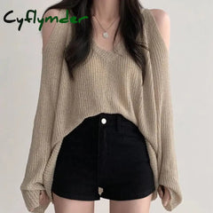 Cyflymder Women V-Neck Off Shoulder Hollow Out Sweater Loose Long Sleeve Knit Thin Jumpers