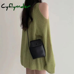 Cyflymder Women V-Neck Off Shoulder Hollow Out Sweater Loose Long Sleeve Knit Thin Jumpers
