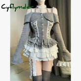 Cyflymder Women Vintage 2000s Aesthetic Cutecore Korean Outfits 2 Piece Set Mori Long Sleeve Slash Neck Tops + Gyaru