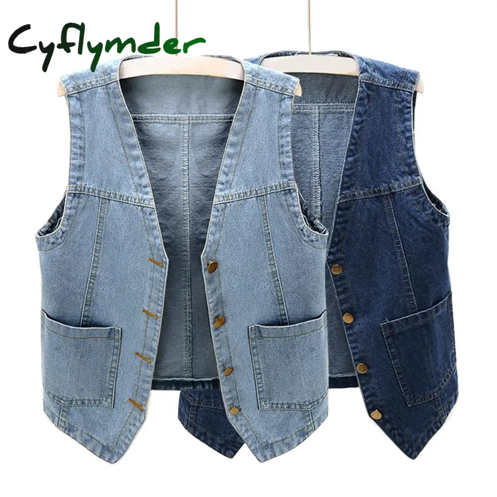 Cyflymder Women Vintage Denim Waistcoat Jacket 2024 Spring New Female Short Slim Sleeveless Coat