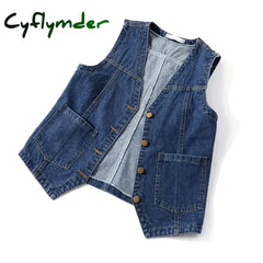 Cyflymder Women Vintage Denim Waistcoat Jacket 2024 Spring New Female Short Slim Sleeveless Coat
