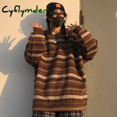 Cyflymder Women Vintage Striped Sweaters Autumn Winter Casual Oversize Long Sleeve Knitted Sweater Unisex Couples Hip