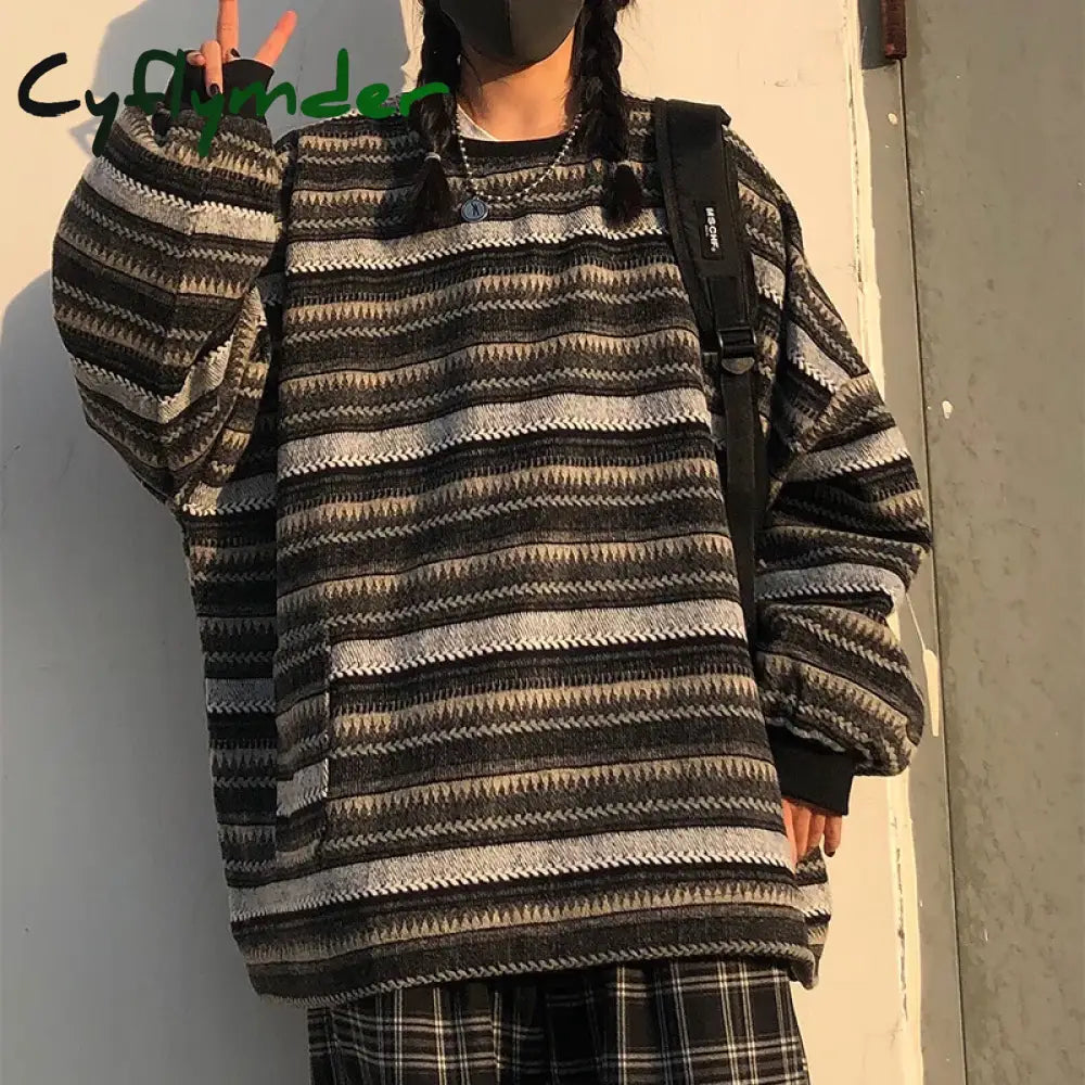 Cyflymder Women Vintage Striped Sweaters Autumn Winter Casual Oversize Long Sleeve Knitted Sweater Unisex Couples Hip