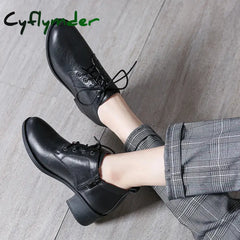 Cyflymder Women Winter Shoes Women’s Loafers Genuine Leather Round Toe Brown Heels Ladies Pumps