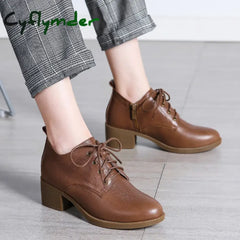 Cyflymder Women Winter Shoes Women’s Loafers Genuine Leather Round Toe Brown Heels Ladies Pumps