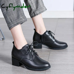 Cyflymder Women Winter Shoes Women’s Loafers Genuine Leather Round Toe Brown Heels Ladies Pumps