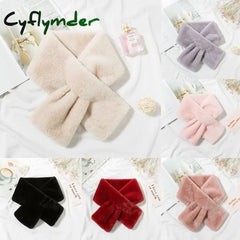 Cyflymder Women Winter Warm Thicken Cross Collar Scarf Solid Color Faux Rabbit Fur Plush Elegant Shawl Scarfs