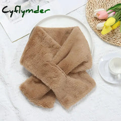 Cyflymder Women Winter Warm Thicken Cross Collar Scarf Solid Color Faux Rabbit Fur Plush Elegant Shawl Scarfs