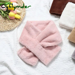 Cyflymder Women Winter Warm Thicken Cross Collar Scarf Solid Color Faux Rabbit Fur Plush Elegant Shawl Scarfs