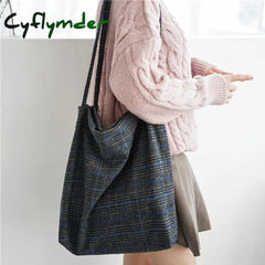 Cyflymder Women Wool Tote Vintage Plaid Canvas Shoulder Bag Female Woolen Cloth Handbag Simple Eco