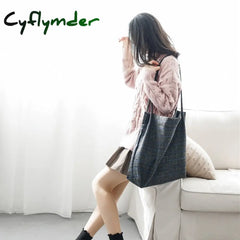 Cyflymder Women Wool Tote Vintage Plaid Canvas Shoulder Bag Female Woolen Cloth Handbag Simple Eco