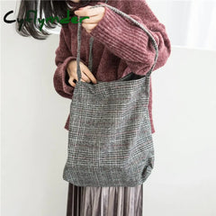 Cyflymder Women Wool Tote Vintage Plaid Canvas Shoulder Bag Female Woolen Cloth Handbag Simple Eco