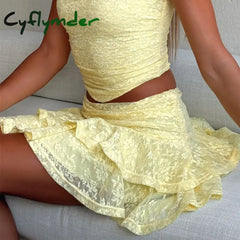 Cyflymder Women Y2k Lace Mini Skirt Elastic Low Rise Ruffle Half Slip Skirt Layered Pleated Flowy Short Skirt Vintage