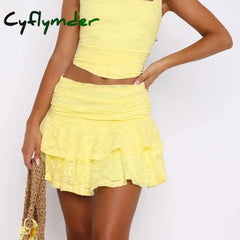 Cyflymder Women Y2k Lace Mini Skirt Elastic Low Rise Ruffle Half Slip Skirt Layered Pleated Flowy Short Skirt Vintage