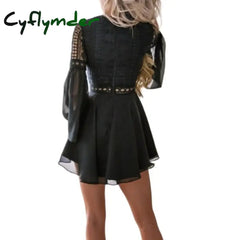 Cyflymder Women’s A Line Dress Short Mini White Black Red Long Sleeve Solid Color Ruffle