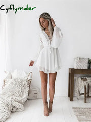 Cyflymder Women’s A Line Dress Short Mini White Black Red Long Sleeve Solid Color Ruffle