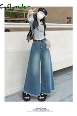 Cyflymder Women’s American Vintage Washed Wide Leg Jeans Street Casual Blue Denim Trousers Female