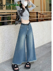 Cyflymder Women’s American Vintage Washed Wide Leg Jeans Street Casual Blue Denim Trousers Female
