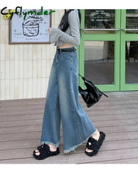 Cyflymder Women’s American Vintage Washed Wide Leg Jeans Street Casual Blue Denim Trousers Female