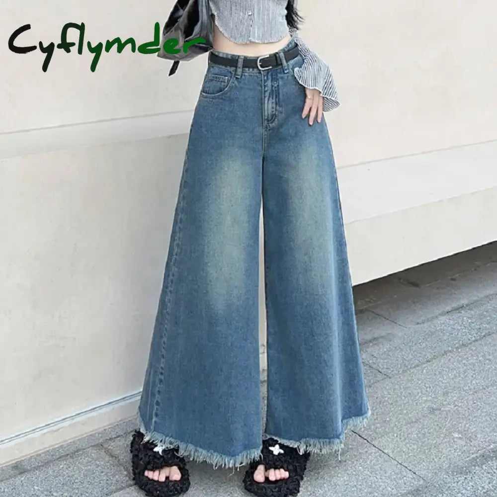 Women's American Vintage Washed Wide Leg Jeans Street Casual Blue Denim Trousers Female High Waist Straight Pants