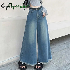 Women's American Vintage Washed Wide Leg Jeans Street Casual Blue Denim Trousers Female High Waist Straight Pants