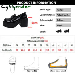 Cyflymder Women’s Black Chunky Heeled Loafers Patent Leather Platform Pumps Women Slip On Thick High Heel Jk Uniform