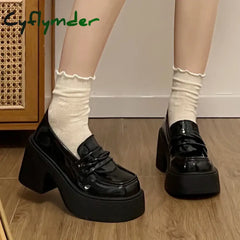 Cyflymder Women’s Black Chunky Heeled Loafers Patent Leather Platform Pumps Women Slip On Thick High Heel Jk Uniform