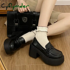 Cyflymder Women’s Black Chunky Heeled Loafers Patent Leather Platform Pumps Women Slip On Thick High Heel Jk Uniform