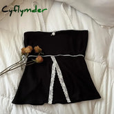 Cyflymder Women’s Black Vest 2000S Retro Lace Trim Split Camis Chic Fairycore Grunge Clothes Y2K