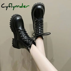 Cyflymder Women’s Boots Autumn/Winter New British Style Plush Fashion Thick Bottom Motorcycle Boots Lace Comfort Zipper
