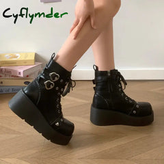 Cyflymder Women’s Boots Autumn Women Ankle Boots Platform Wedges High Heels Short Boots New Fashion Design Zip Cosplay