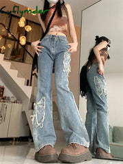Cyflymder Women’s Butterfly Embroidery Pattern Micro Flared Jeans Cool Girl Fashion Wide Leg Denim Trousers Female High