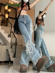 Cyflymder Women’s Butterfly Embroidery Pattern Micro Flared Jeans Cool Girl Fashion Wide Leg Denim Trousers Female High