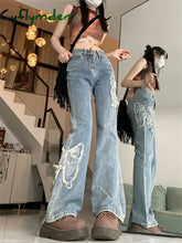 Cyflymder Women’s Butterfly Embroidery Pattern Micro Flared Jeans Cool Girl Fashion Wide Leg Denim Trousers Female High