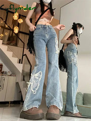 Cyflymder Women’s Butterfly Embroidery Pattern Micro Flared Jeans Cool Girl Fashion Wide Leg Denim Trousers Female High