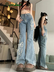 Cyflymder Women’s Butterfly Embroidery Pattern Micro Flared Jeans Cool Girl Fashion Wide Leg Denim Trousers Female High