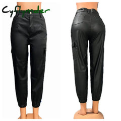 Cyflymder Women’s Cargo Pants Fashion Street Trends Pocket Design Cuffed Y2k Tight PU Leather Trousers Autumn High