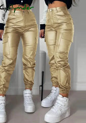 Cyflymder Women’s Cargo Pants Fashion Street Trends Pocket Design Cuffed Y2k Tight PU Leather Trousers Autumn High