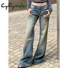 Cyflymder Women’s Casual Style Harajuku Y2K Wide Leg Jeans Vintage High Waist Loose Blue Pants Winter Female Baggy