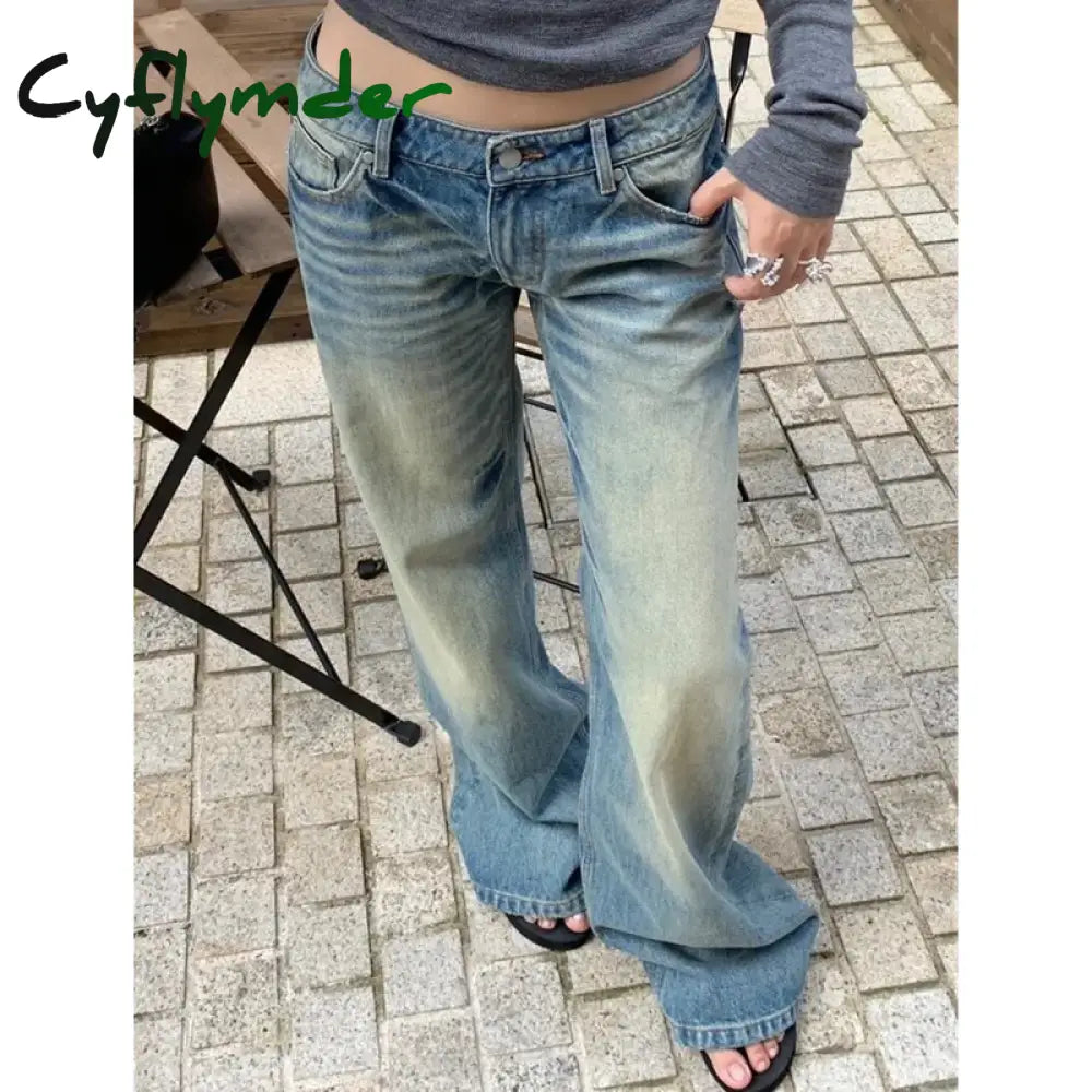 Cyflymder Women’s Casual Style Harajuku Y2K Wide Leg Jeans Vintage High Waist Loose Blue Pants Winter Female Baggy
