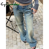 Cyflymder Women’s Casual Style Harajuku Y2K Wide Leg Jeans Vintage High Waist Loose Blue Pants Winter Female Baggy