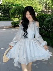Cyflymder Women’s Chic Irregular Ruffles Shell Decoration Mini Dress Autumn Winter Long Sleeve Off Shoulder Fairy