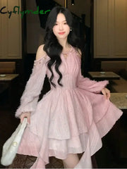 Cyflymder Women’s Chic Irregular Ruffles Shell Decoration Mini Dress Autumn Winter Long Sleeve Off Shoulder Fairy