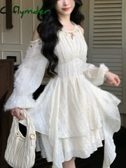Cyflymder Women’s Chic Irregular Ruffles Shell Decoration Mini Dress Autumn Winter Long Sleeve Off Shoulder Fairy