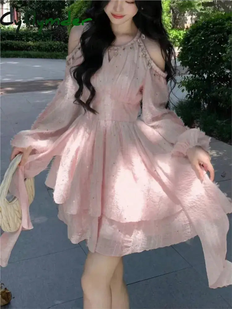 Cyflymder Women’s Chic Irregular Ruffles Shell Decoration Mini Dress Autumn Winter Long Sleeve Off Shoulder Fairy