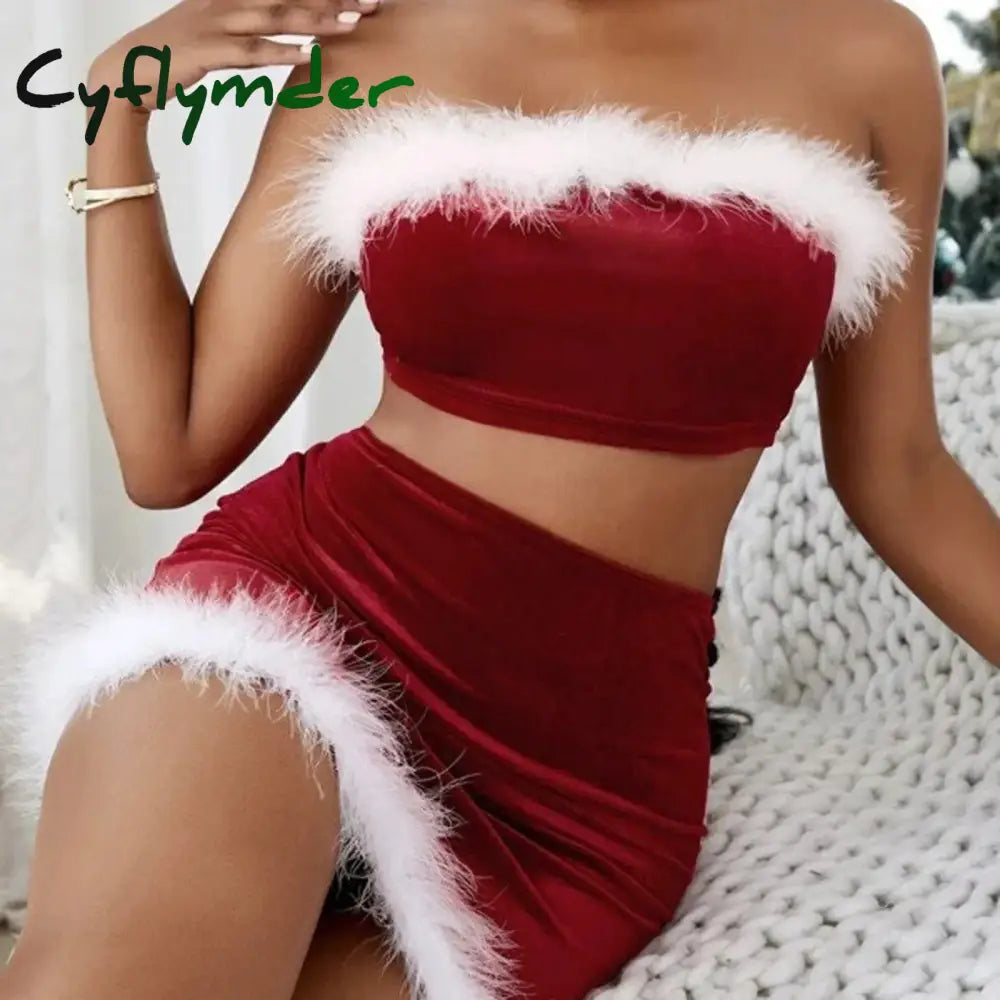 Cyflymder Women’s Christmas Skirt Sets Red Tube Tops + Bodycon Mini Skirt Festival Costumes Party Dress Sets Y2k