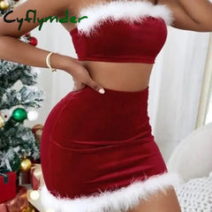 Cyflymder Women’s Christmas Skirt Sets Red Tube Tops + Bodycon Mini Skirt Festival Costumes Party Dress Sets Y2k
