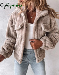 Cyflymder Women’s Coat Winter Solid Color Warm Casaul Coat Turn-Down Collar Buttoned Long Sleeved Teddy Jacket Thick