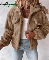 Cyflymder Women’s Coat Winter Solid Color Warm Casaul Coat Turn-Down Collar Buttoned Long Sleeved Teddy Jacket Thick