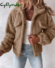 Cyflymder Women’s Coat Winter Solid Color Warm Casaul Coat Turn-Down Collar Buttoned Long Sleeved Teddy Jacket Thick